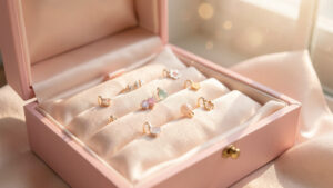Coffret élégant avec bijoux délicats pour naissance et baptême, lumière douce et ambiance lumineuse, détails raffinés sur un fond clair.