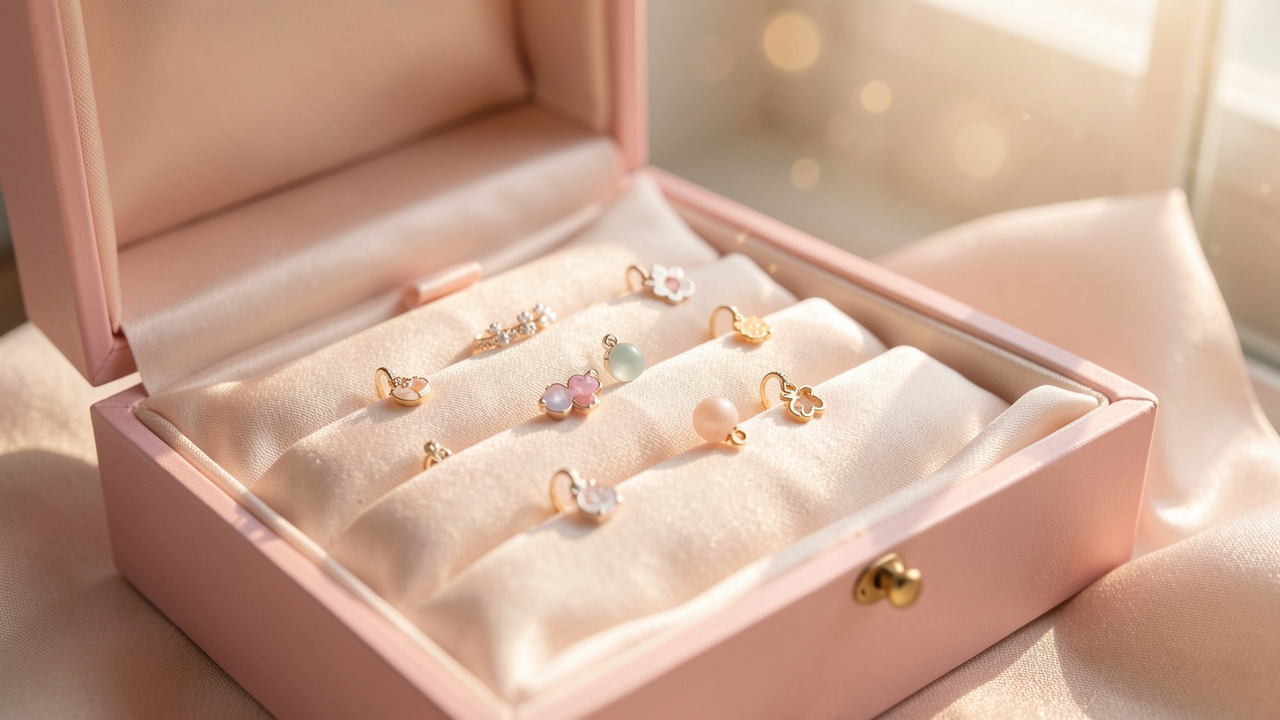 Coffret élégant avec bijoux délicats pour naissance et baptême, lumière douce et ambiance lumineuse, détails raffinés sur un fond clair.