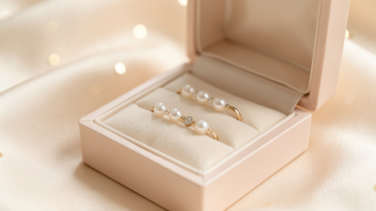 Bijoux délicats pour bébé posés dans un élégant écrin, éclairage doux et lumineux, détails fins brillants sur un tissu satin avec arrière-plan légèrement flou.