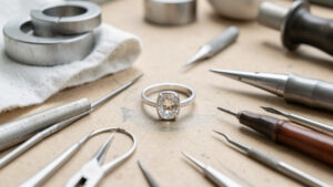 Bague en argent 925 avec pierre protégée, posée sur un établi de bijoutier avec des outils de précision pour son ajustement.