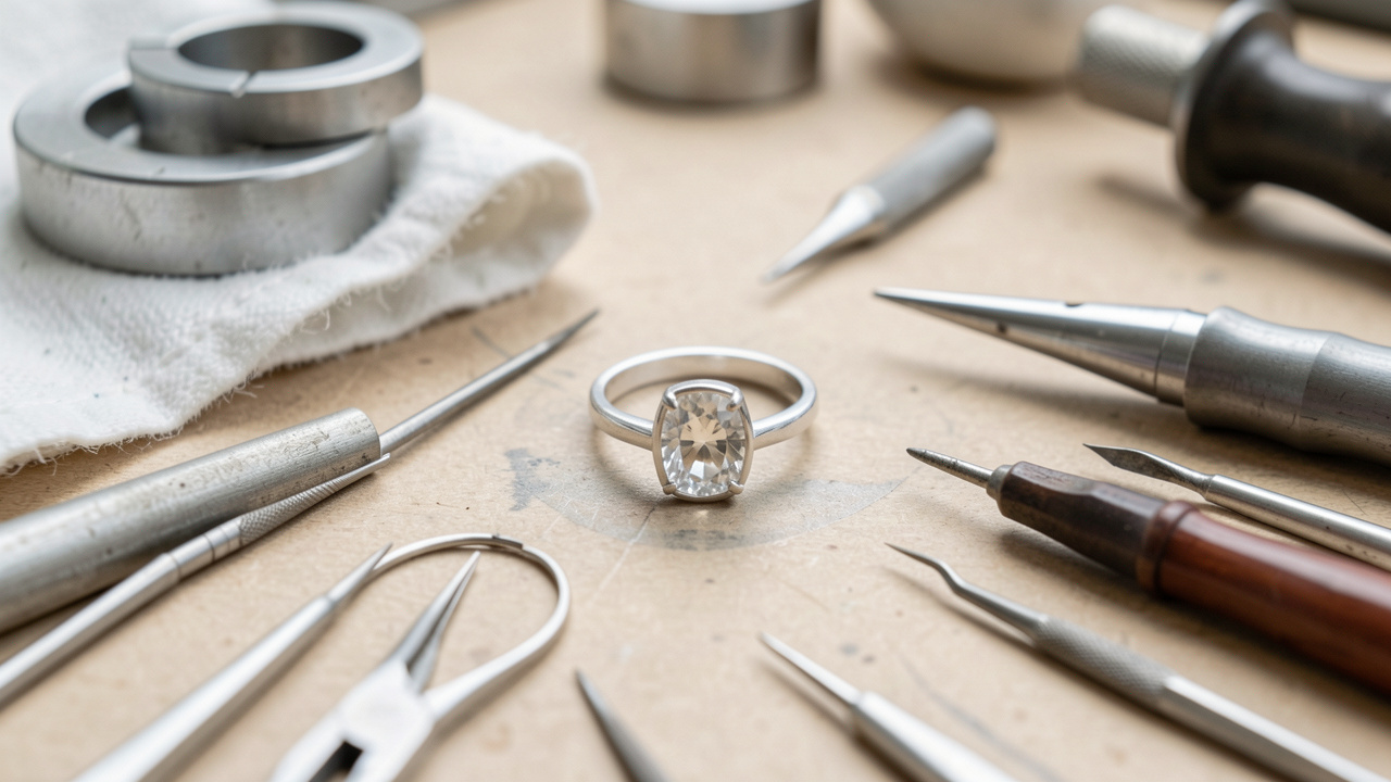 Bague en argent 925 avec pierre protégée, posée sur un établi de bijoutier avec des outils de précision pour son ajustement.