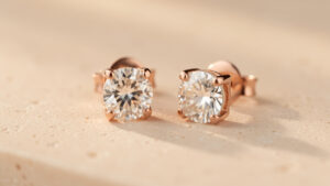 Gros plan de boucles d’oreilles puces en diamant champagne serties sur de l’or rose, présentées sur un fond beige minéral avec une lumière naturelle douce.