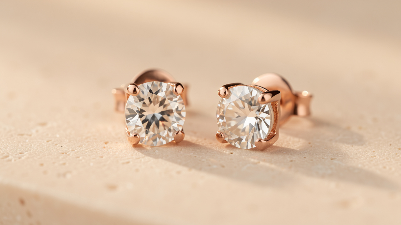 Gros plan de boucles d’oreilles puces en diamant champagne serties sur de l’or rose, présentées sur un fond beige minéral avec une lumière naturelle douce.
