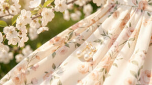 Boucles d’oreilles délicates en perles et métal doré posées près d’une robe fleurie aux tons pastel, dans une ambiance estivale et romantique.