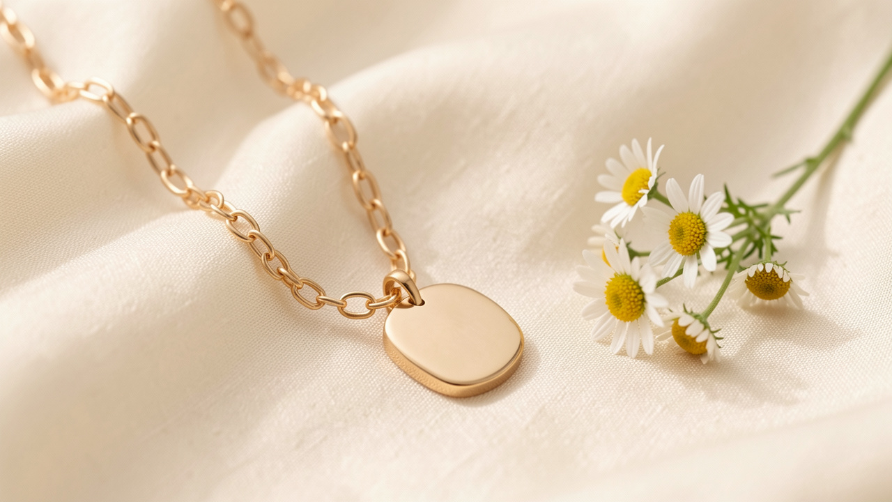 Collier doré délicat à maillons arrondis, présenté sur une soie ivoire avec une petite branche de camomille.