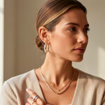 Quels bijoux bicolores choisir pour adopter le duo or et argent ? Femme portant une parure moderne de bijoux bicolores en or et argent, avec un collier fin, des créoles et des bagues, éclairée par une lumière naturelle douce.