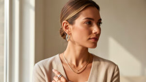Femme portant une parure moderne de bijoux bicolores en or et argent, avec un collier fin, des créoles et des bagues, éclairée par une lumière naturelle douce.
