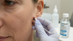 Gros plan d’un lobe d’oreille assombri autour d’un piercing, examiné avec précaution dans un environnement médical propre.
