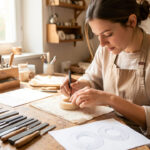 Une jeune femme débutante sculpte délicatement une bague en cire sur un établi dans un atelier de bijouterie lumineux à Aubagne, entourée de limes, d’outils et de croquis vierges.