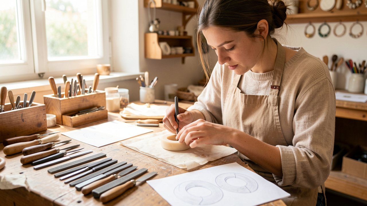 Une jeune femme débutante sculpte délicatement une bague en cire sur un établi dans un atelier de bijouterie lumineux à Aubagne, entourée de limes, d’outils et de croquis vierges.
