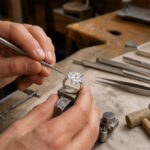 Gros plan réaliste sur les mains d’un artisan italien travaillant une bague en or blanc sertie d’un diamant taille poire dans un atelier de haute joaillerie.