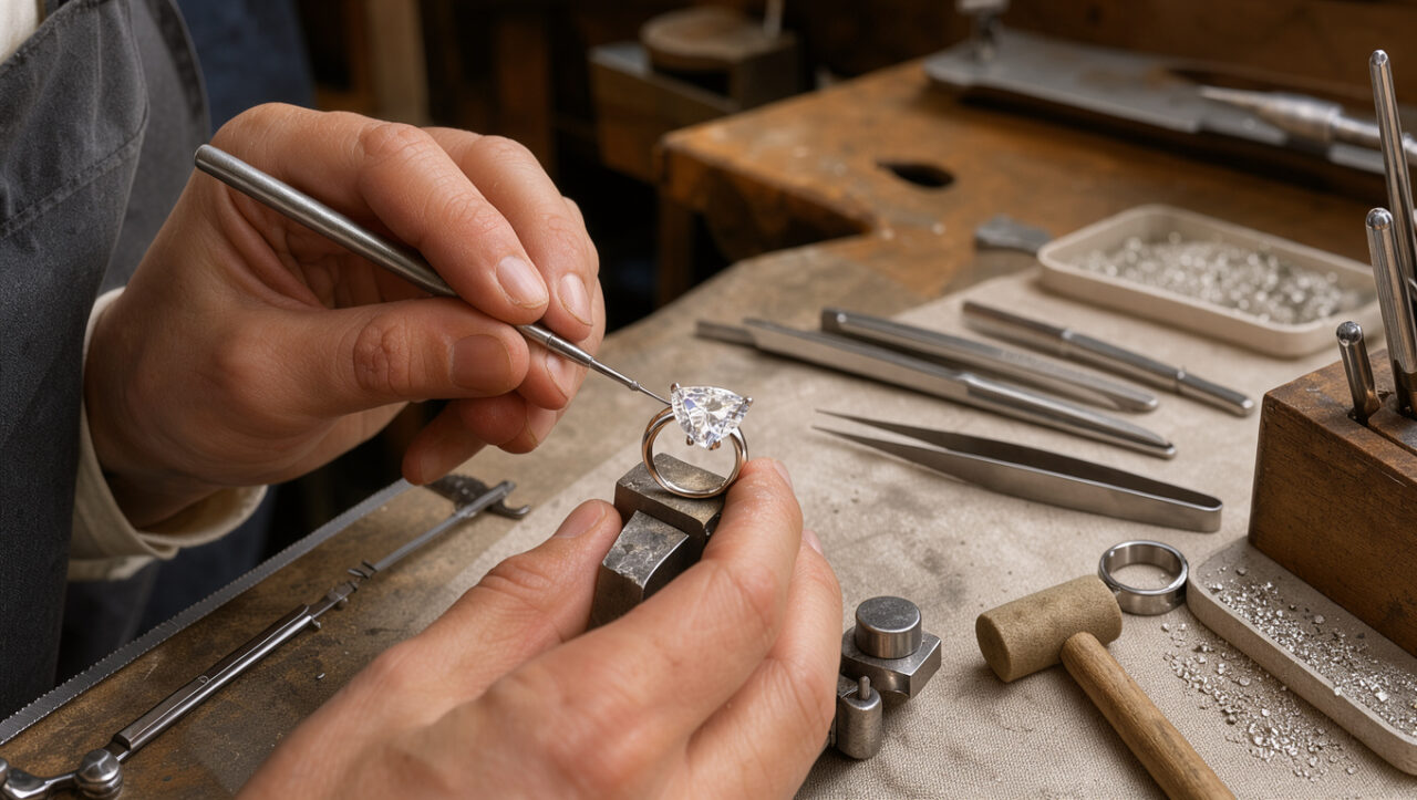 Gros plan réaliste sur les mains d’un artisan italien travaillant une bague en or blanc sertie d’un diamant taille poire dans un atelier de haute joaillerie.