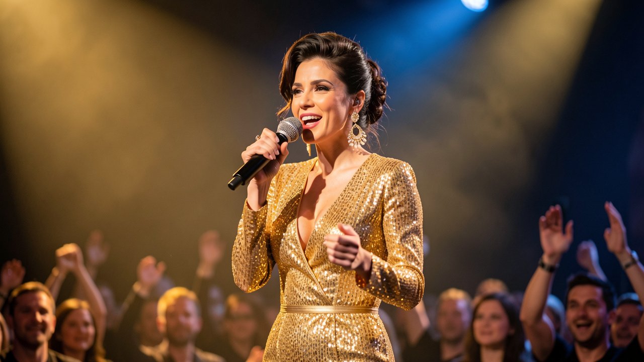 Chanteuse pop française en tenue dorée glamour, éclairée par des projecteurs sur une grande scène de concert élégante.