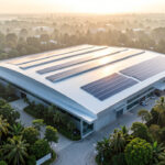 Vue aérienne réaliste d’une grande usine moderne de fabrication de bijoux au Vietnam, entourée de végétation tropicale et équipée de panneaux solaires.