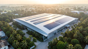 Vue aérienne réaliste d’une grande usine moderne de fabrication de bijoux au Vietnam, entourée de végétation tropicale et équipée de panneaux solaires.