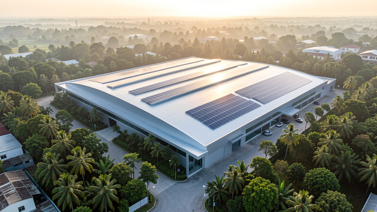 Vue aérienne réaliste d’une grande usine moderne de fabrication de bijoux au Vietnam, entourée de végétation tropicale et équipée de panneaux solaires.